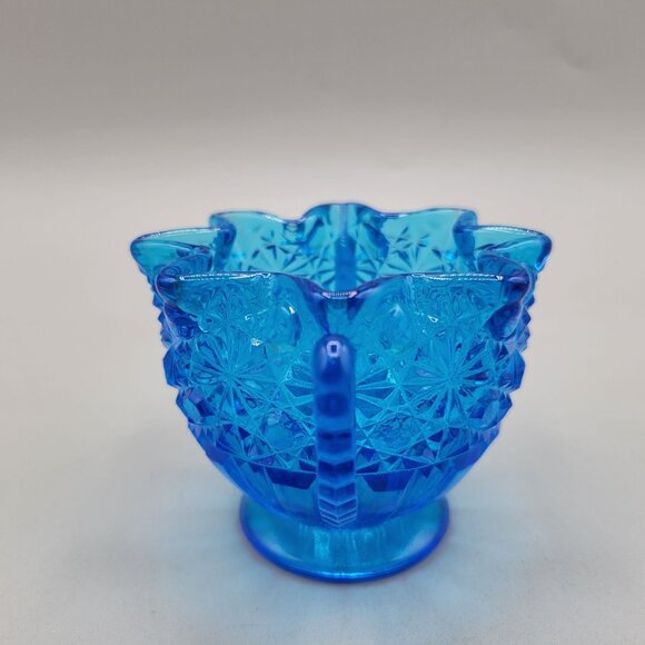 1930s Fenton Daisy and Button Winged Sugar Bowl Blue Art Deco Crimped Top - Picture 2 of 7
